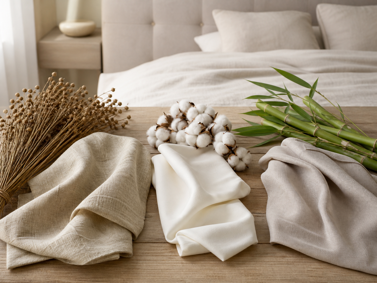 Flax, cotton, and bamboo plants arranged with three neutral bedding fabric swatches