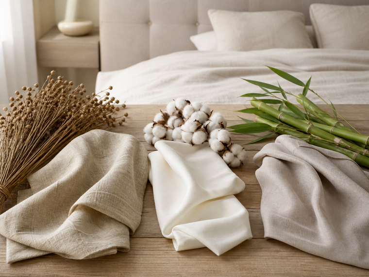 Flax, cotton, and bamboo plants arranged with three neutral bedding fabric swatches