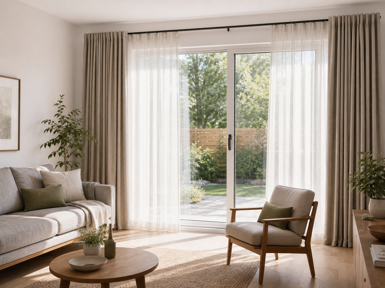 Living room showing layered neutral curtains, planned stack-back, and clear access to a wide window