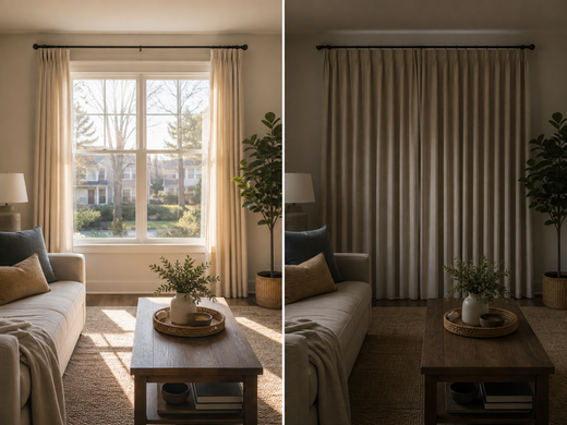 The same living room window shown with curtains open for winter sunlight and closed for summer shade
