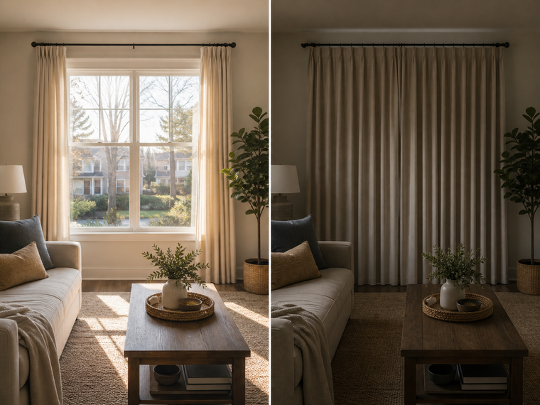 The same living room window shown with curtains open for winter sunlight and closed for summer shade