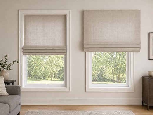 Side-by-side Roman shade windows showing inside-mount and outside-mount placement
