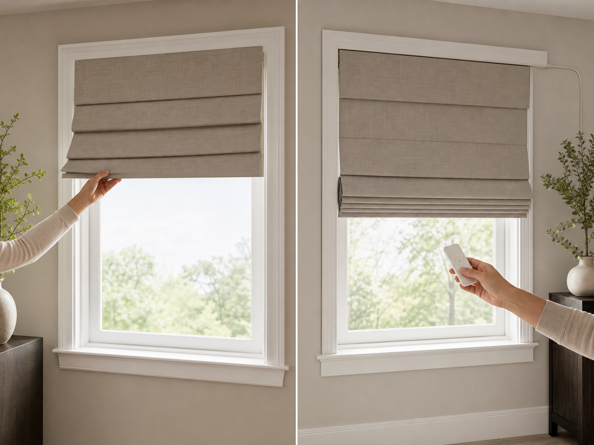 A cordless Roman shade lifted by hand beside a motorized Roman shade operated with an unbranded remote