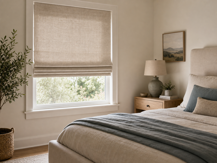 Fabric Roman shade covering a bedroom window beside a neutral upholstered bed
