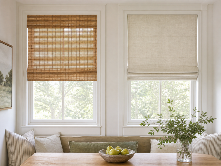 Woven bamboo shade and neutral fabric Roman shade shown in comparable bright rooms
