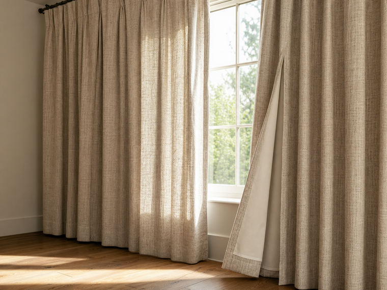 Textured neutral curtains with a light-colored lining beside a sunlit window