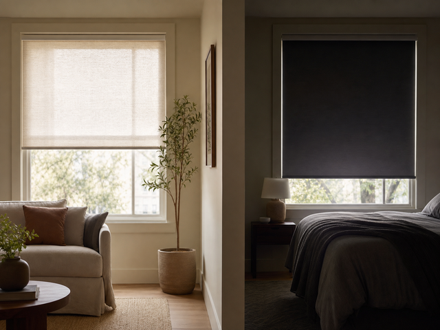 Bright living room with a light-filtering shade beside a darker bedroom window treatment