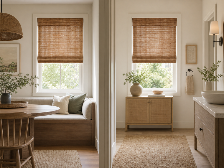 Woven bamboo Roman shades installed away from splash zones in a kitchen and bathroom