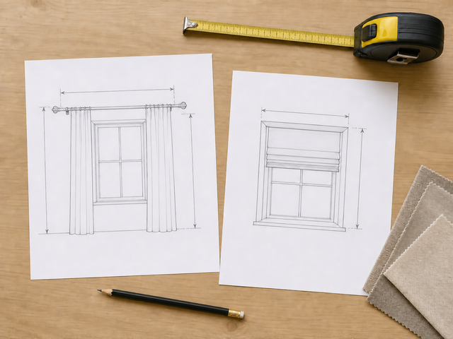 Curtain and Roman shade measurement sketches beside a tape measure, pencil, and neutral fabric swatches