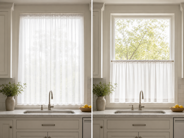 Full-window sheer curtain beside a lower-half cafe curtain on matching kitchen windows