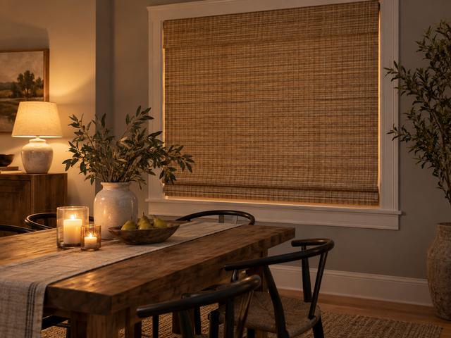 Illustrative dining nook with a lowered woven shade and warm evening lighting