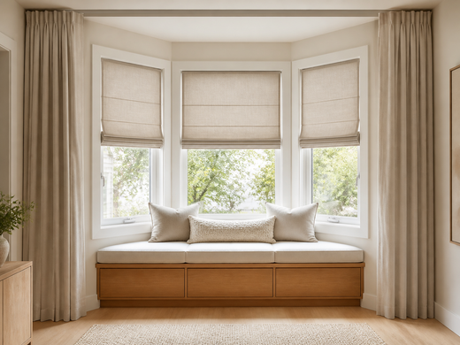 Three neutral Roman shades with outer curtain panels on a three-sided bay window