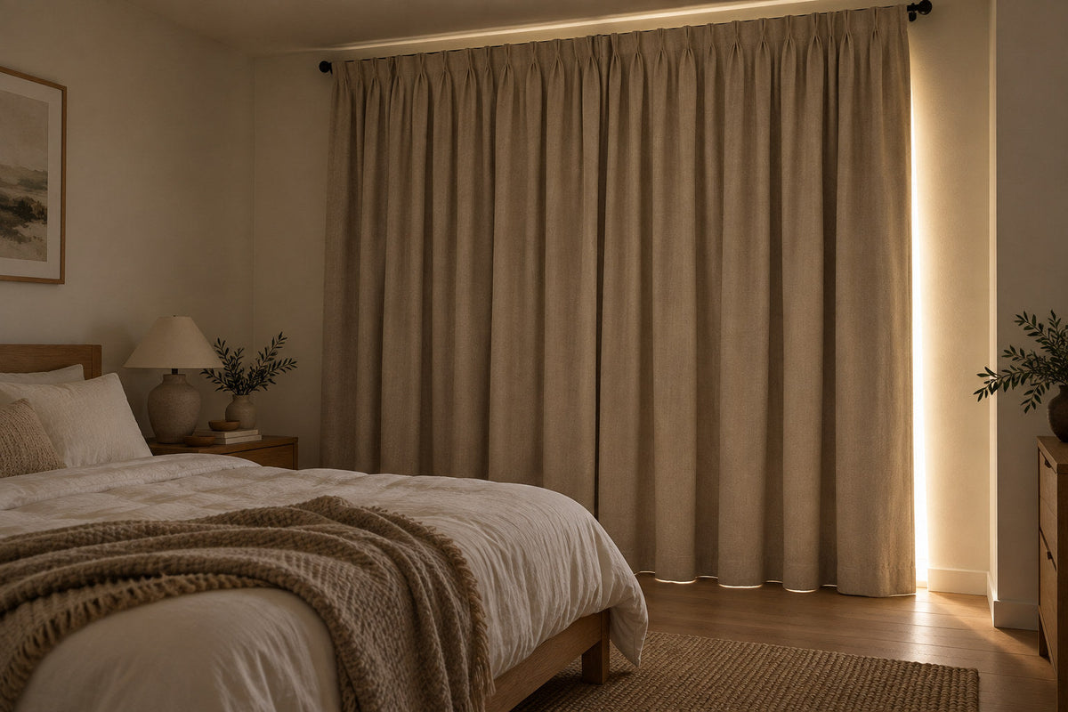 Closed oatmeal curtains in a dim bedroom with a narrow line of daylight at one edge