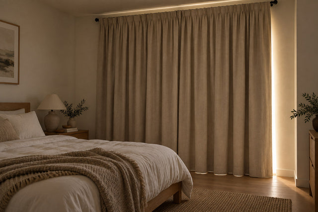 Closed oatmeal curtains in a dim bedroom with a narrow line of daylight at one edge