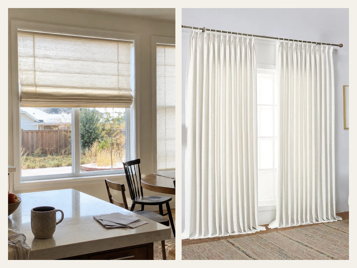 Roman shades and floor-length curtains shown side by side in bright residential rooms
