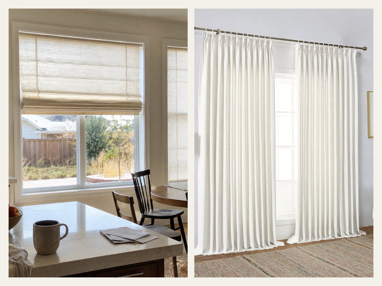 Roman shades and floor-length curtains shown side by side in bright residential rooms