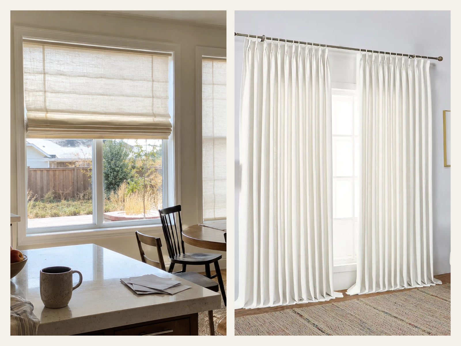Roman shades and white curtains shown side by side for a window treatment comparison