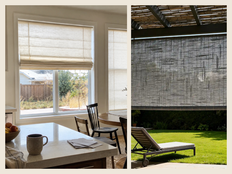 Bamboo roman shades shown in kitchen and patio settings for natural light control