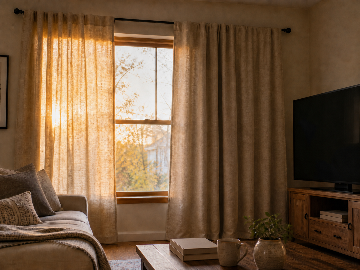 Neutral patterned curtains filtering warm late-afternoon light beside a television in a living room