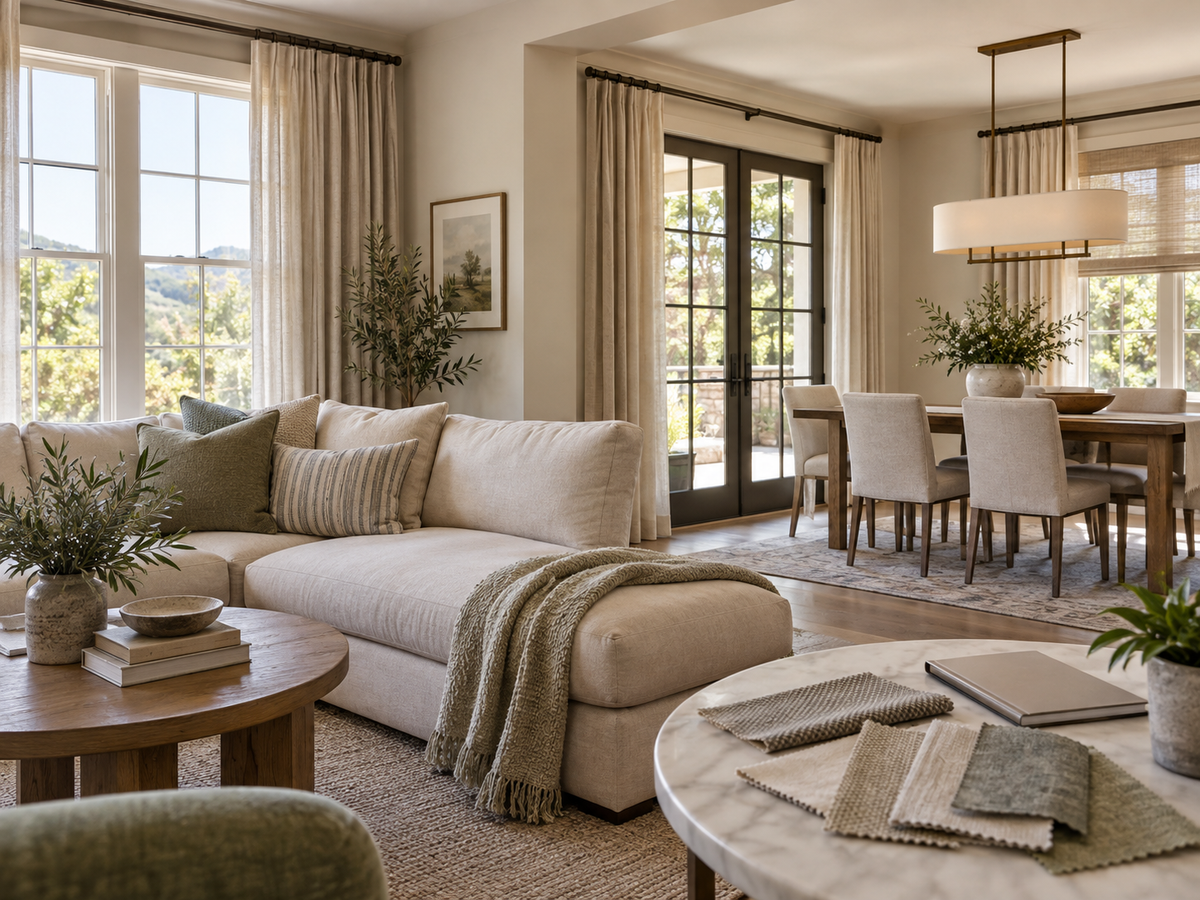 Illustrative connected living and dining rooms with fabric swatches on a planning table