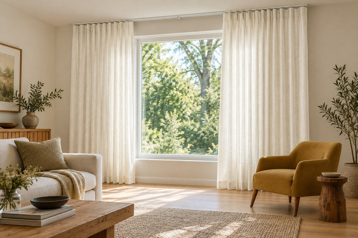 Ivory curtains on a slim ceiling-mounted track above a tall living-room window