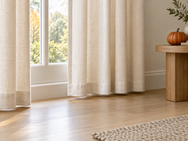 Ivory woven curtains end just above an oak floor beside a side table with a small orange pumpkin.