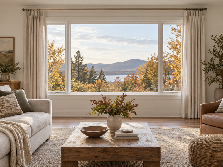 Illustrative wide living-room window with open curtains stacked beside the glass