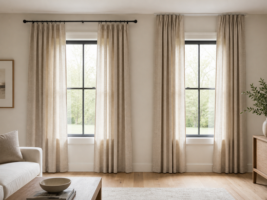 Oatmeal curtains shown on a decorative rod and a ceiling track in the same neutral living room