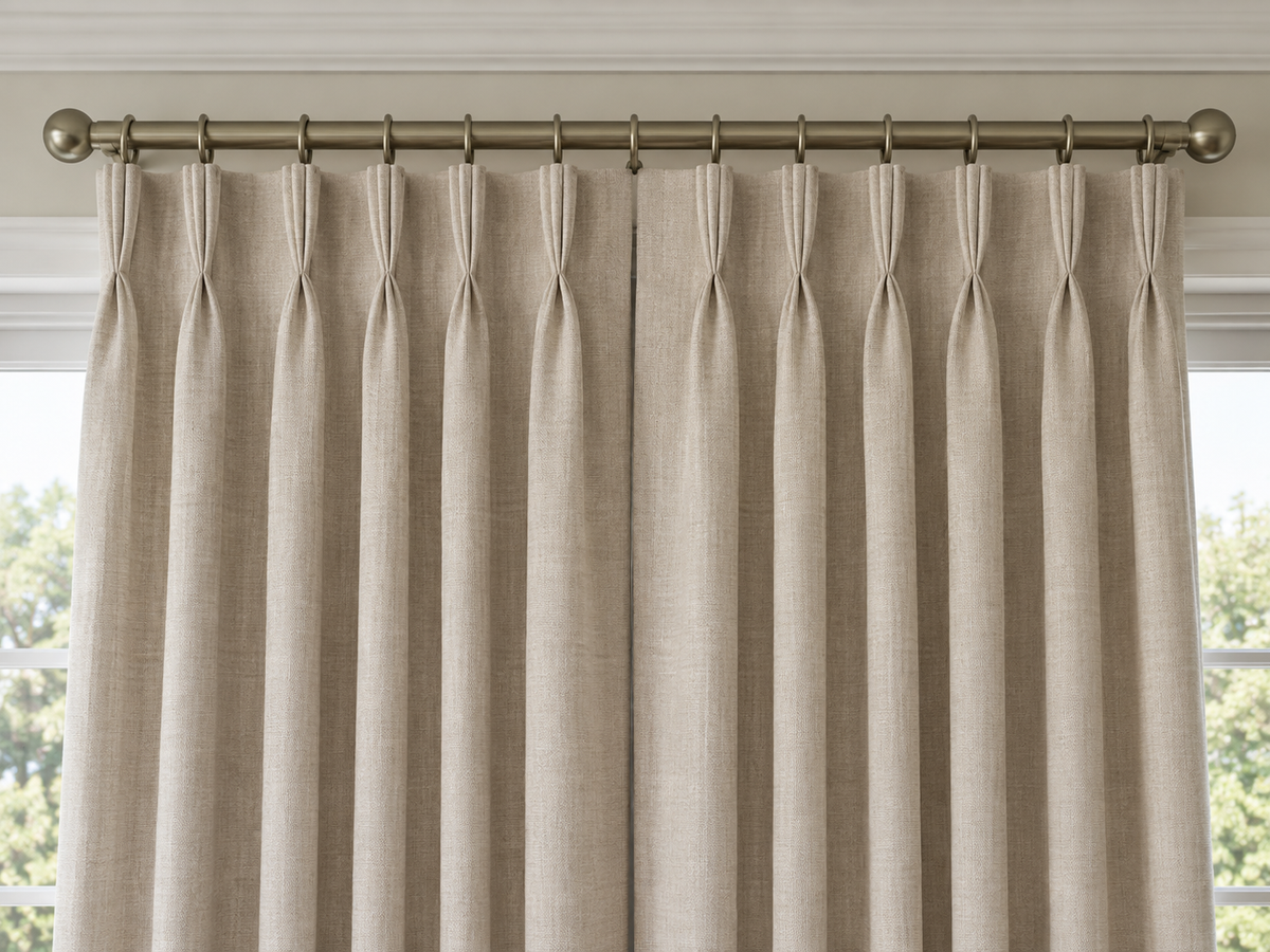 Illustrative close-up of sewn pleats and two neutral curtain panels on a rod