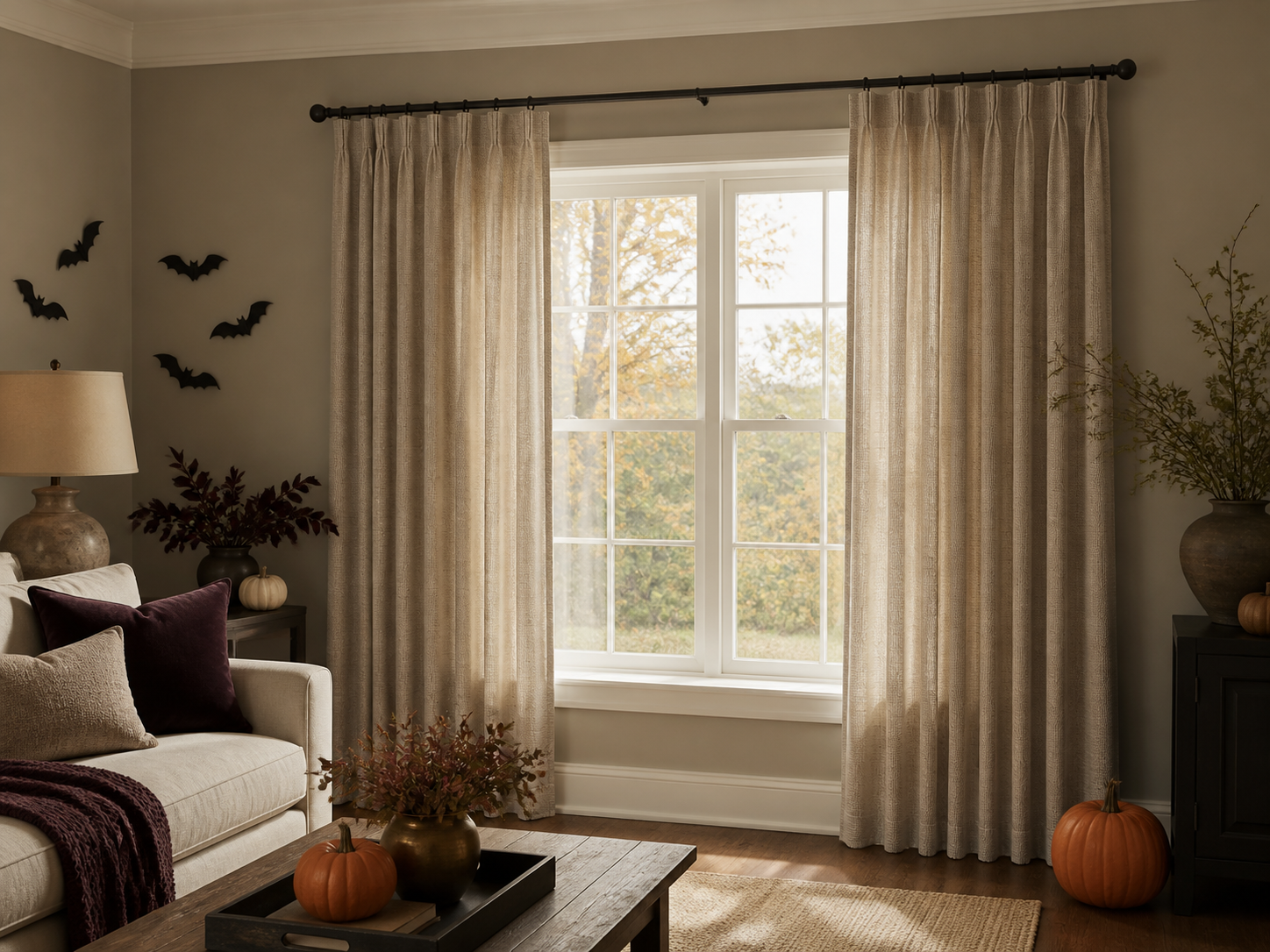 Cream curtains framing an adult living room with paper bats, pumpkins, and deep plum accents for Halloween