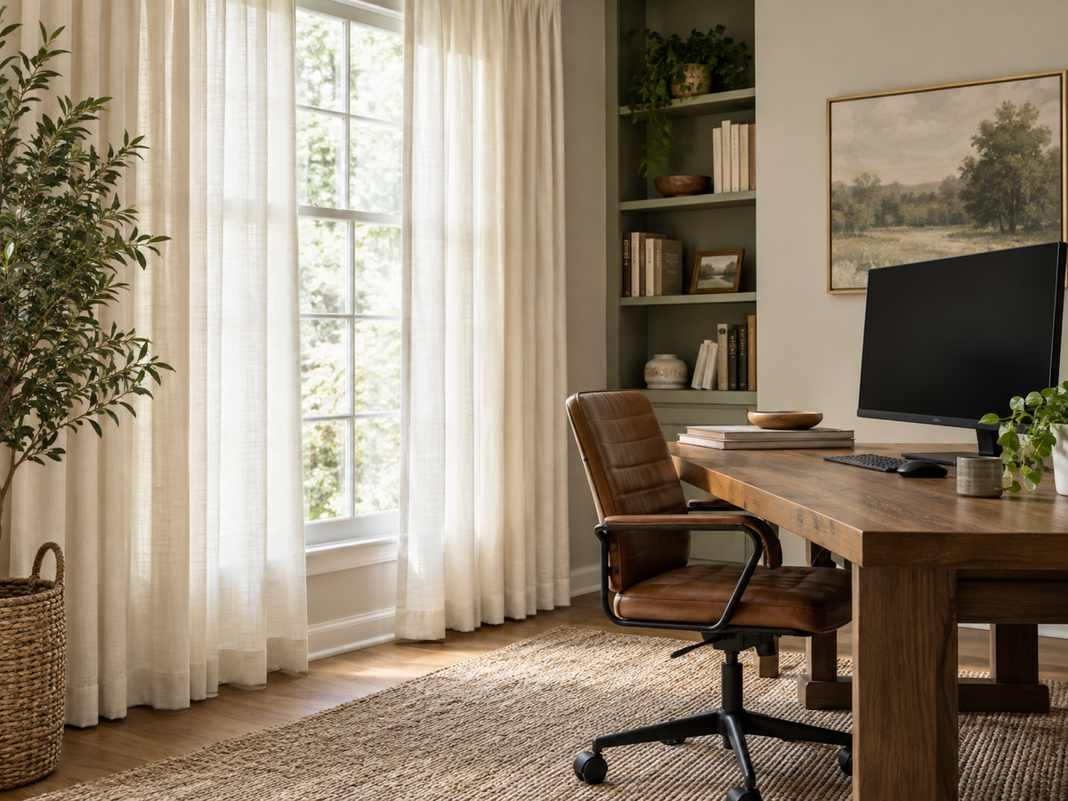 Illustrative home office with a desk beside softly filtered window light
