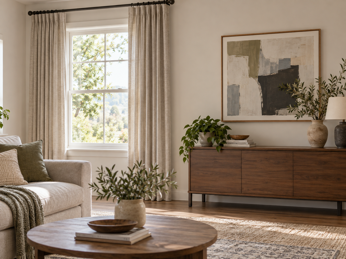 Illustrative off-center window balanced by neutral curtains and a console on the wider wall