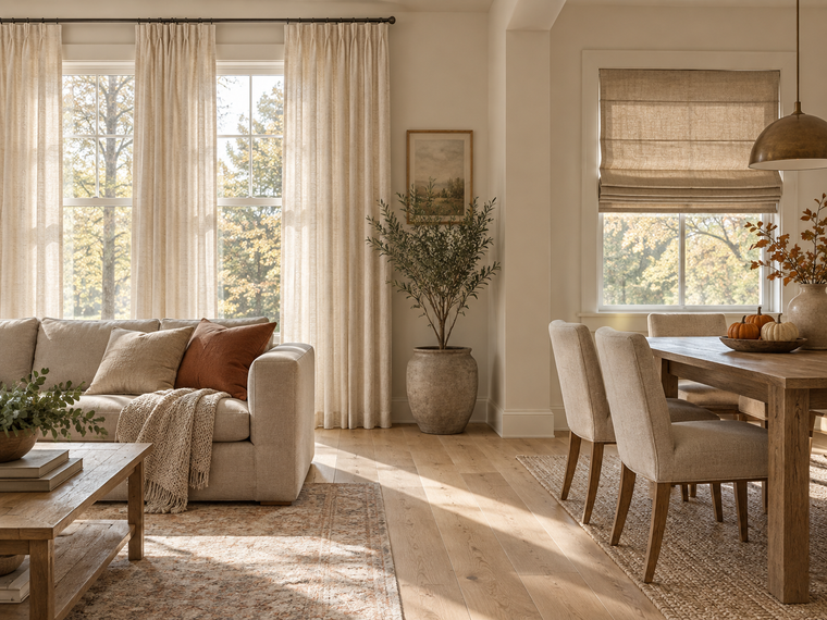 Warm ivory curtains and an oatmeal Roman shade coordinate across a connected living and dining room with small pumpkins on the table.