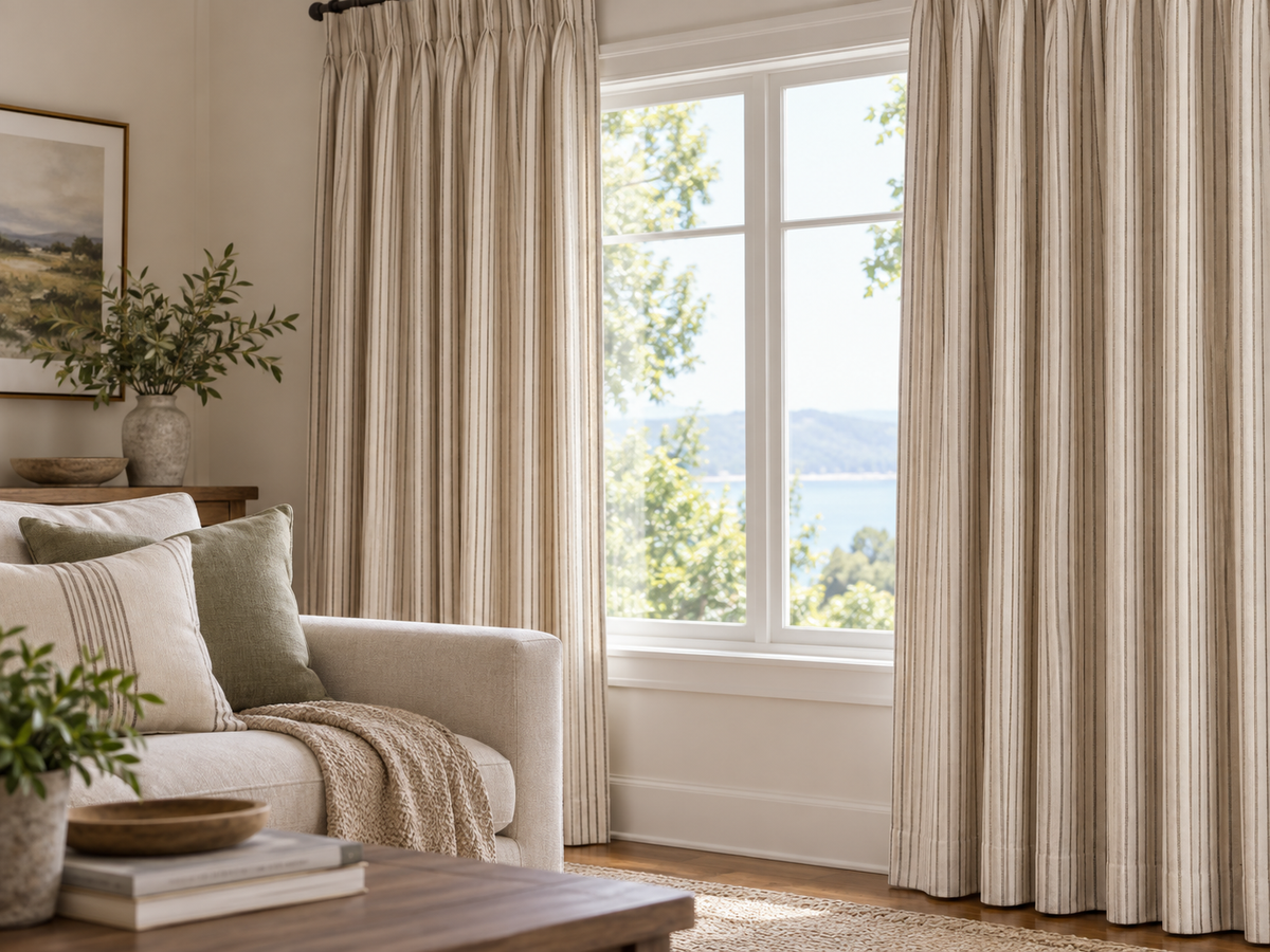 Illustrative beige striped curtains showing the pattern through sewn folds