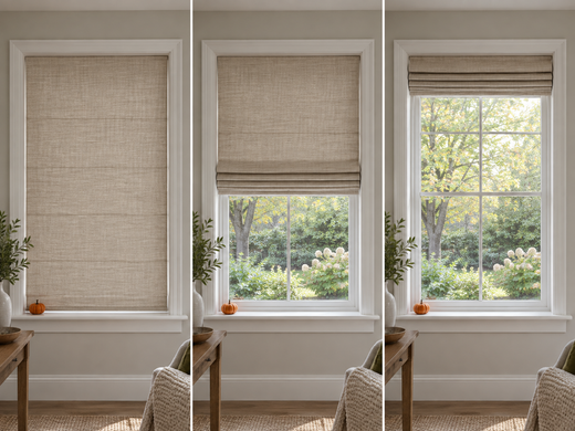 Three illustrative views of an oatmeal Roman shade fully lowered, partly raised, and fully raised, with small pumpkins on the sill.