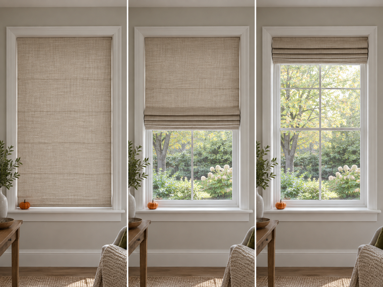 Three illustrative views of an oatmeal Roman shade fully lowered, partly raised, and fully raised, with small pumpkins on the sill.