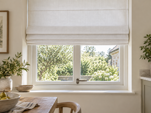 Illustrative white Roman shade above a casement handle with visible clearance