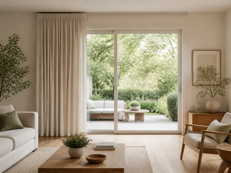 Neutral curtain gathered to one side of a wide sliding glass door with a clear walking path