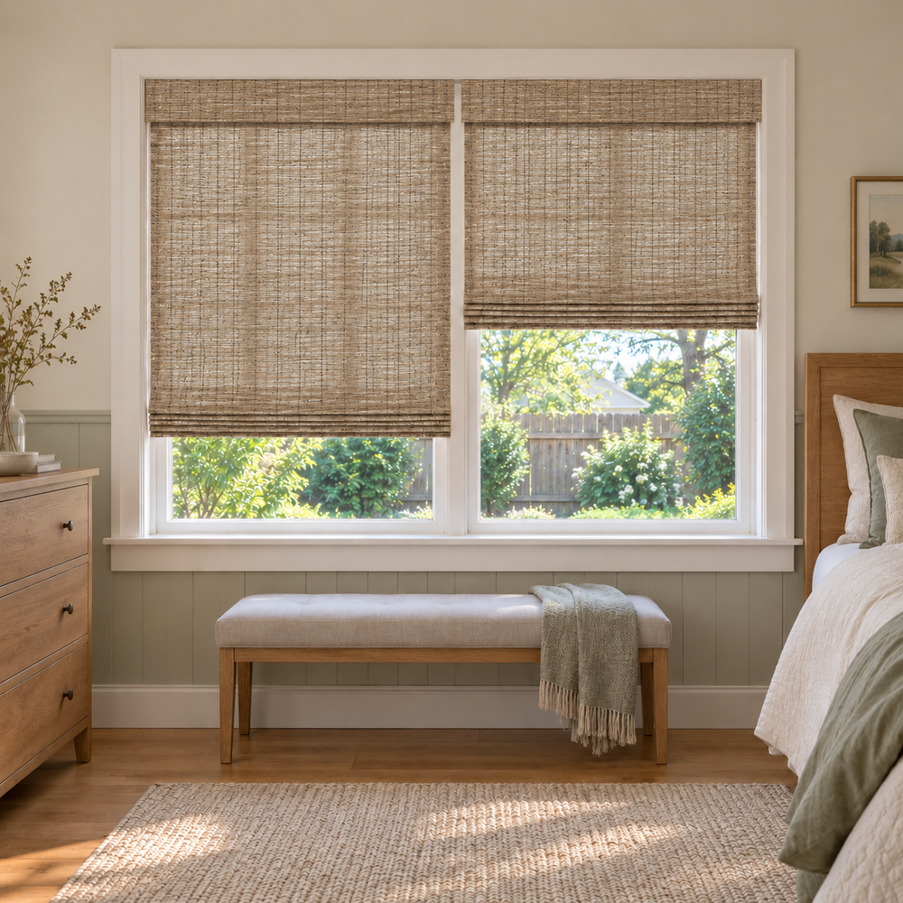 Custom Tessora 2 Shades on 1 Headrail Bamboo Shades - Honeynut D15-04 - 2 independently raised panels in a bedroom