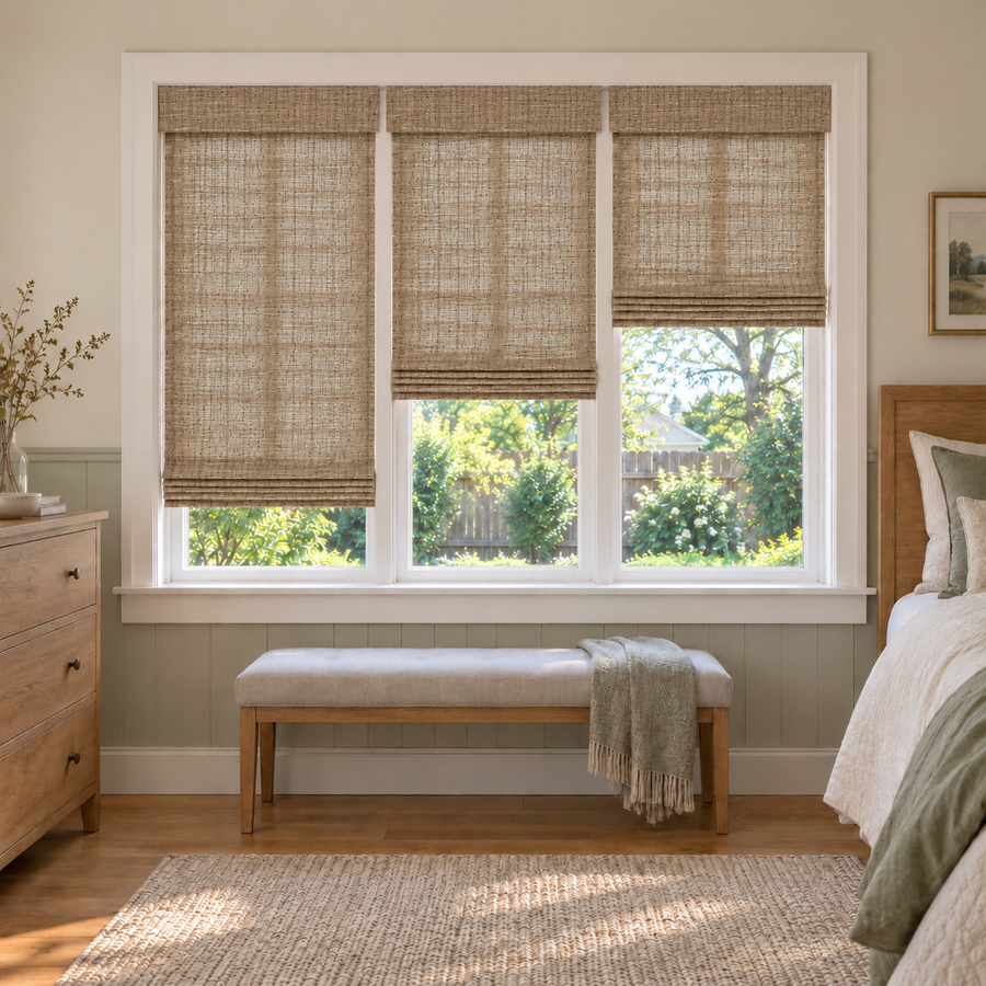 Custom Tessora 3 Shades on 1 Headrail Bamboo Shades - Cinnamon 0833N - 3 independently raised panels in a bedroom