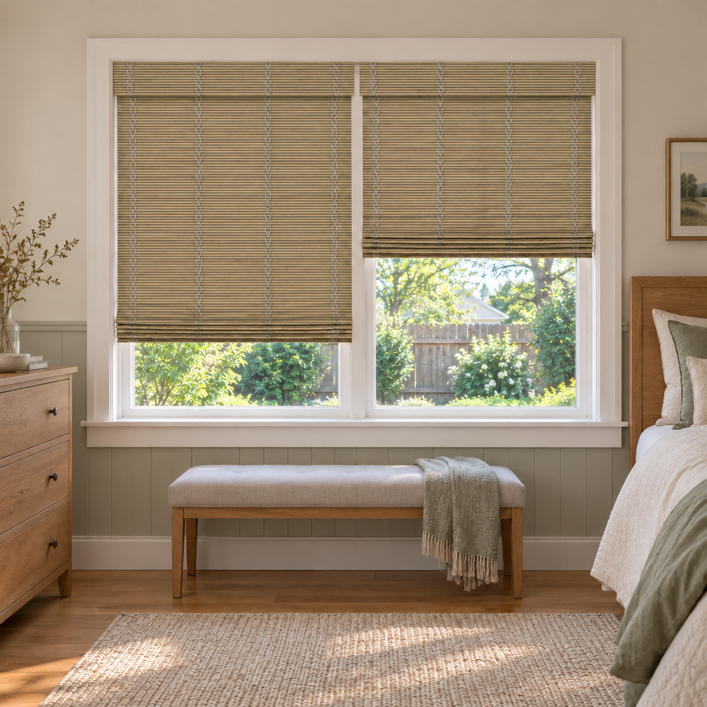 Custom Orelle 2 Shades on 1 Headrail Bamboo Shades - Snow - 2 independently raised panels in a bedroom