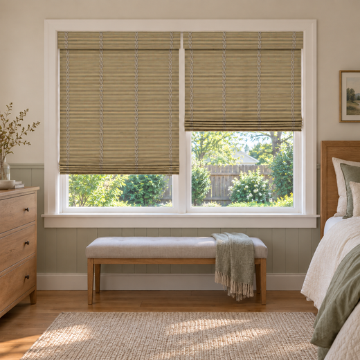 Custom Orelle 2 Shades on 1 Headrail Bamboo Shades - Tawny - 2 independently raised panels in a bedroom