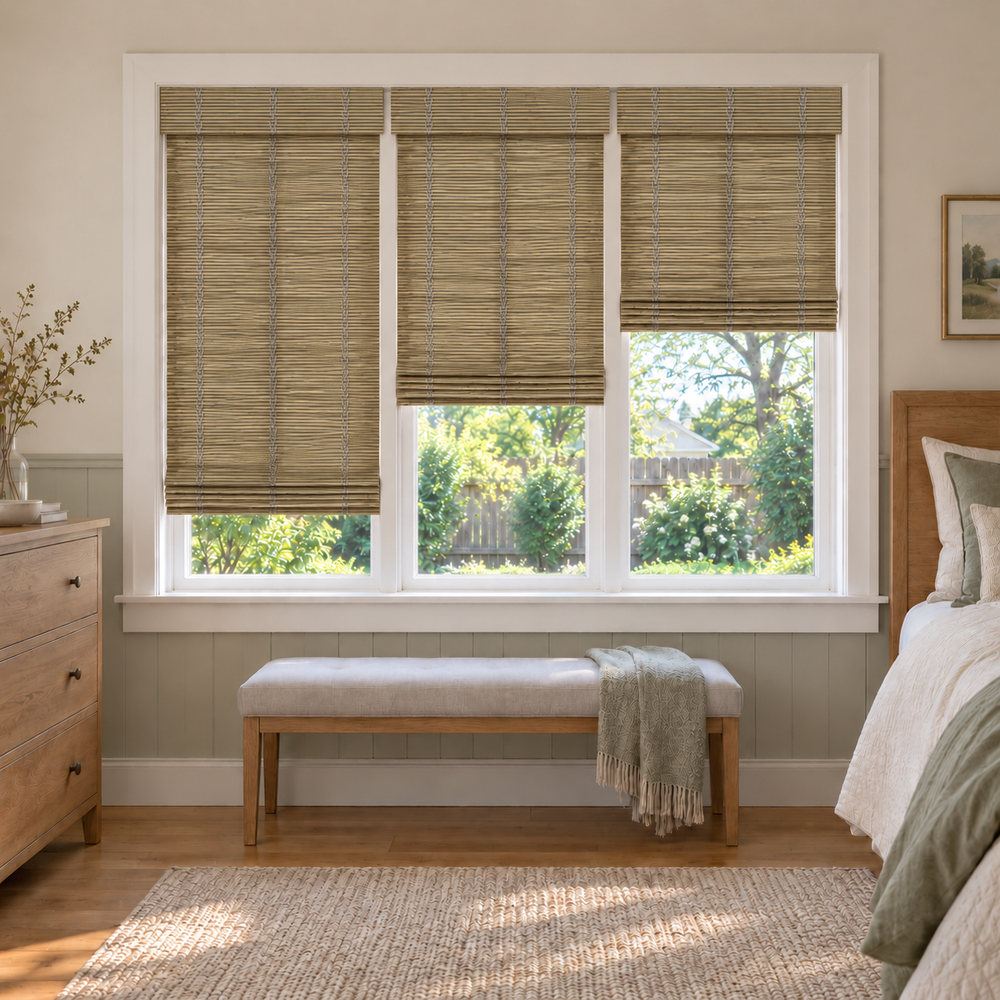 Custom Orelle 3 Shades on 1 Headrail Bamboo Shades - Snow - 3 independently raised panels in a bedroom