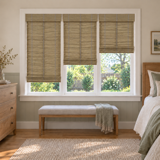 Custom Orelle 3 Shades on 1 Headrail Bamboo Shades - Tawny - 3 independently raised panels in a bedroom