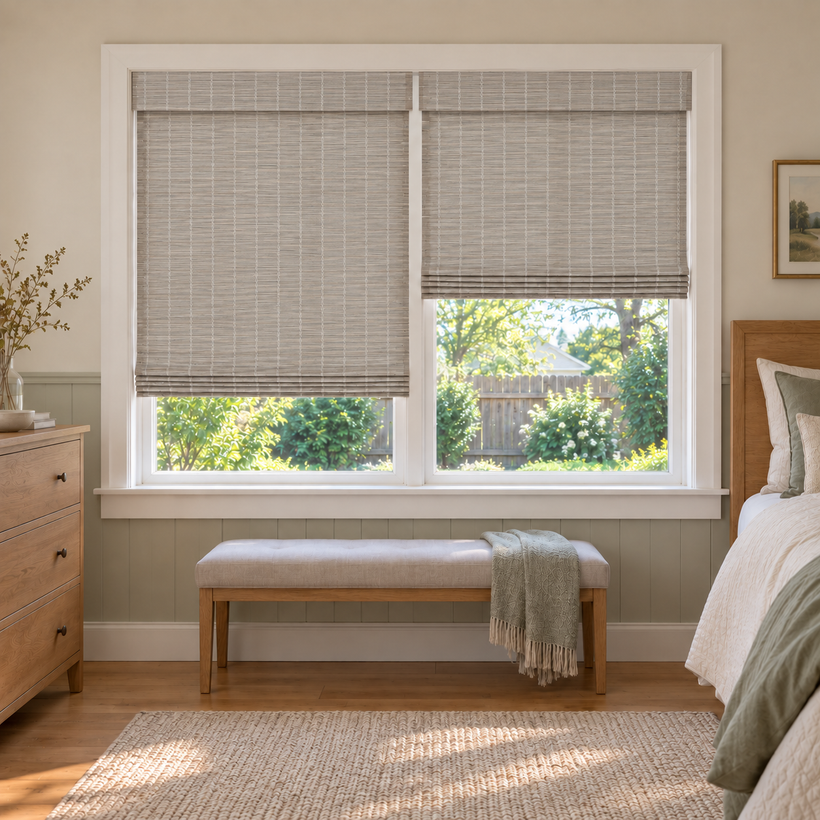 Custom Orelle 2 Shades on 1 Headrail Bamboo Shades - Mist Gray 103-22 - 2 independently raised panels in a bedroom