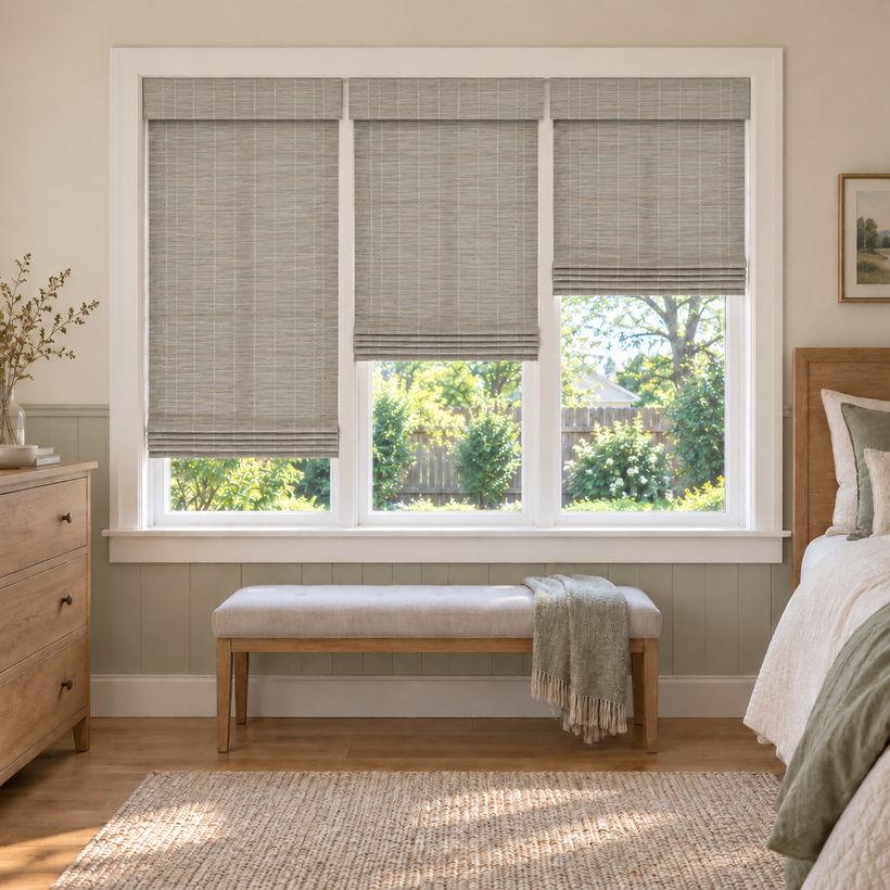 Custom Orelle 3 Shades on 1 Headrail Bamboo Shades - Mist Gray 103-22 - 3 independently raised panels in a bedroom