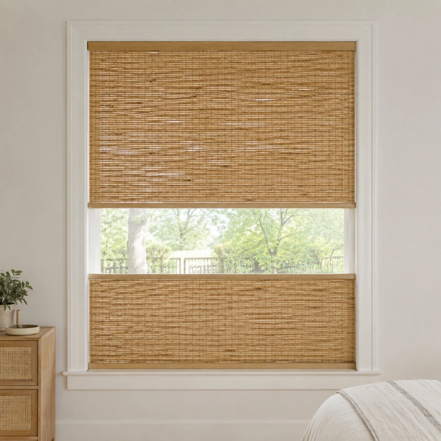 Custom Ramie Reed Top Down Bottom Up Wooden Headrail Bamboo Shades