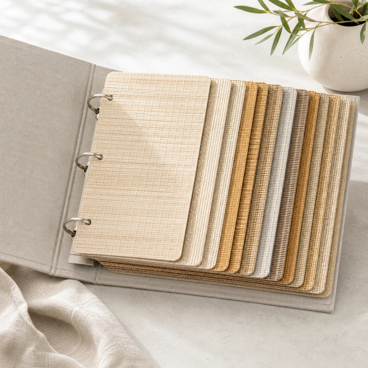 Ramie Bamboo Shade Sample Book - woven material swatches in natural ramie, jute, bamboo, and linen tones