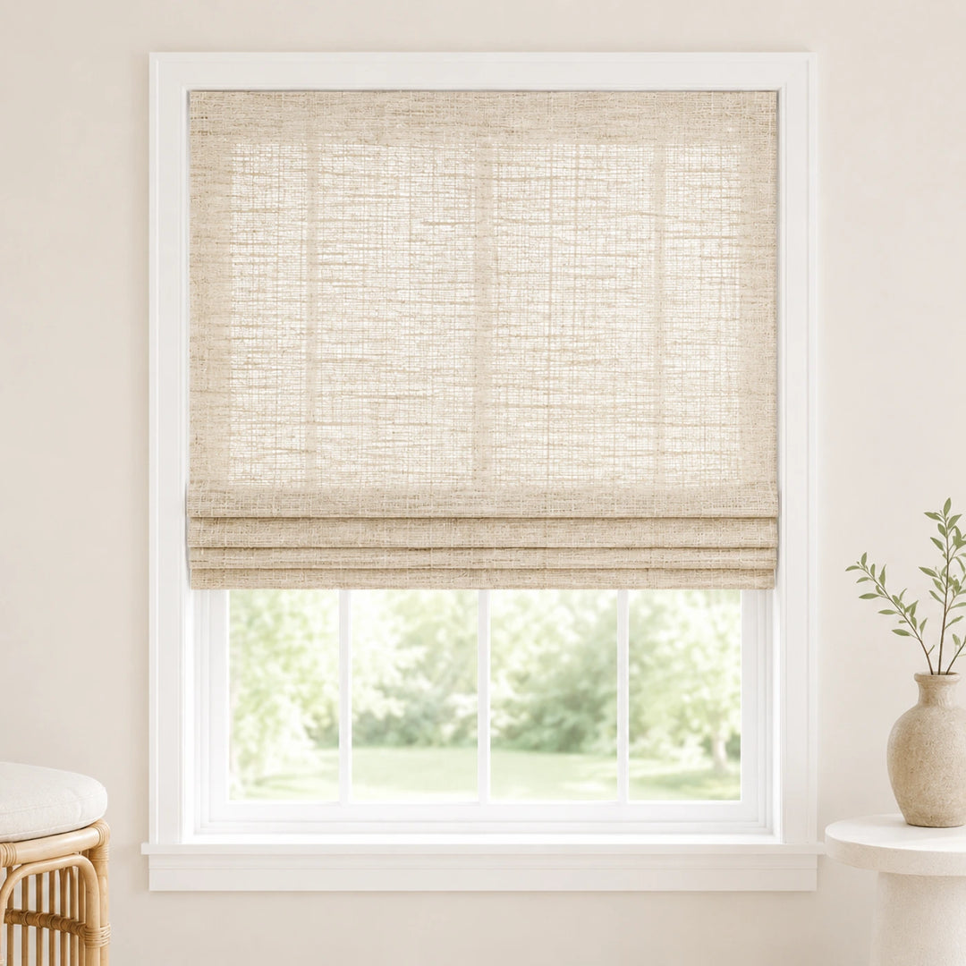 Custom Ramie Beige White Woven Bamboo Shades - Standard - Beige White 390-02