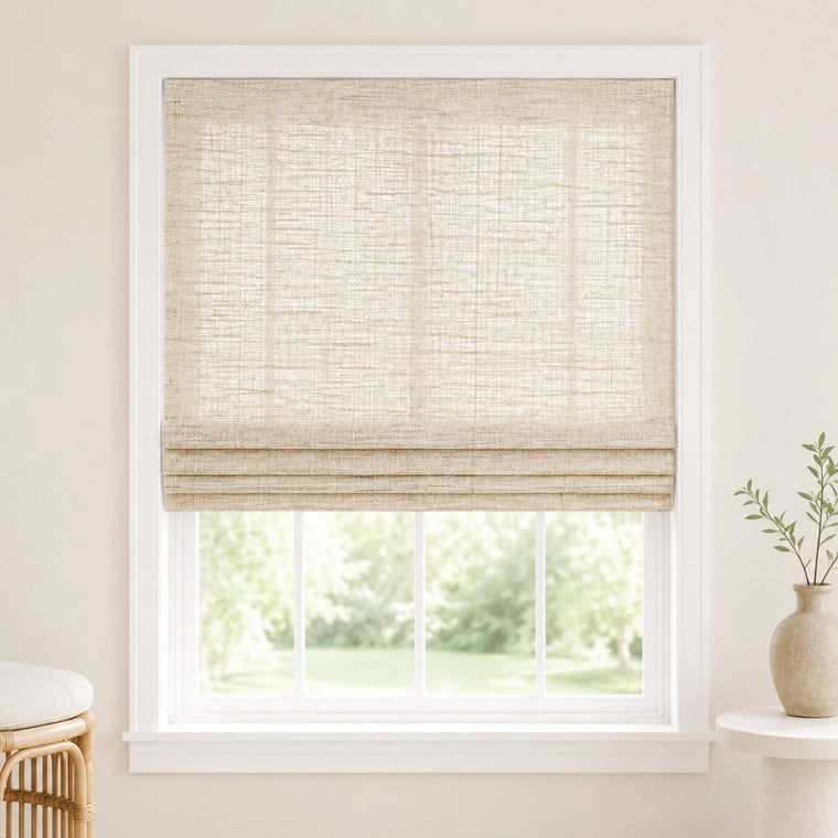 Custom Ramie Beige White Woven Bamboo Shades - Standard - Beige White 390-02